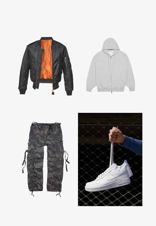 Svart bomberjacka med en glänsande yta, orange foder, stickade manschetter och en dragkedjeficka på vänster ärm. Guldiga dragkedjedetaljer.; YOURTURN OVERSIZE BASIC ZIP HOODIE UNISEX - Tröja med dragkedja - mottled-grey; Kamouflage cargobyxor i nyanser av grått och svart, tillverkade av ett tyg med en lätt strukturerad yta. Har flera fickor och snörning vid fållen.; Vita lädersneakers med perforeringar, rund tå, platt sula och tjocka snörning, med en synlig swoosh-logga och "AIR" på hälen.