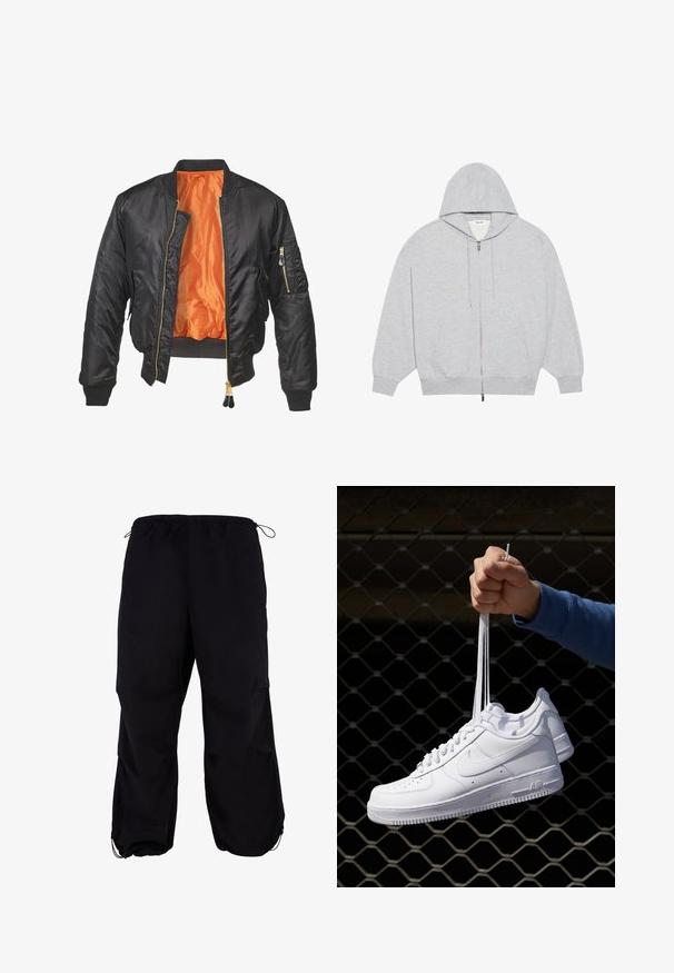 Black bomber jacket with a shiny exterior, orange lining, ribbed cuffs, and a zippered pocket on the left sleeve. Gold zipper accents.; YOURTURN OVERSIZE BASIC ZIP HOODIE UNISEX - Zip-up sweatshirt - mottled-grey; Black, loose-fitting cargo pants with an elastic waistband and adjustable drawstring. Features zippered pockets and ankle cuffs.; White leather sneakers with perforations, round toe, flat sole, and thick laces, featuring a visible swoosh logo and "AIR" on the heel.