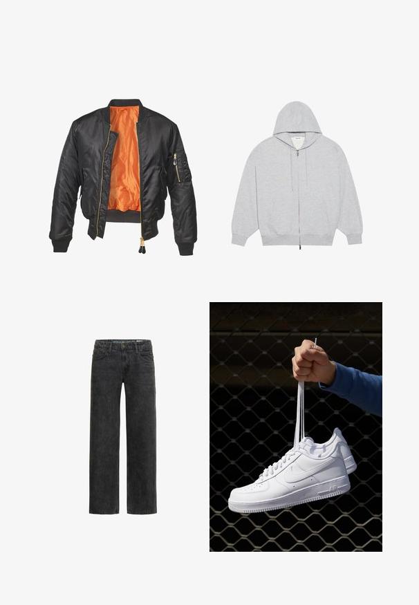 Svart bomberjacka med en glänsande yta, orange foder, stickade manschetter och en dragkedjeficka på vänster ärm. Guldiga dragkedjedetaljer.; YOURTURN OVERSIZE BASIC ZIP HOODIE UNISEX - Tröja med dragkedja - mottled-grey; Svarta denimjeans med avslappnad passform, raka ben, femficksdesign och en subtil blekt textur. Har en knapp- och dragkedjestängning.; Vita lädersneakers med perforeringar, rund tå, platt sula och tjocka snörning, med en synlig swoosh-logga och "AIR" på hälen.