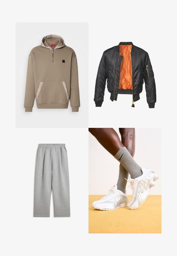 Svart bomberjacka med en glänsande yta, orange foder, stickade manschetter och en dragkedjeficka på vänster ärm. Guldiga dragkedjedetaljer.; Beige hoodie med halvdragkedja, quiltad huva och kontrasterande texturerad frampocket. Har ribbade ärmslut och en liten logotypapplikation.; Ljust grå sweatpants med elastisk midjeband och sidofickor, raka ben, tillverkade av mjukt tyg.; Nike-sneakers i vitt med silverdetaljer, som har texturerade paneler och perforeringar. I kombination med grå ribbade strumpor, framför en gul bakgrund.