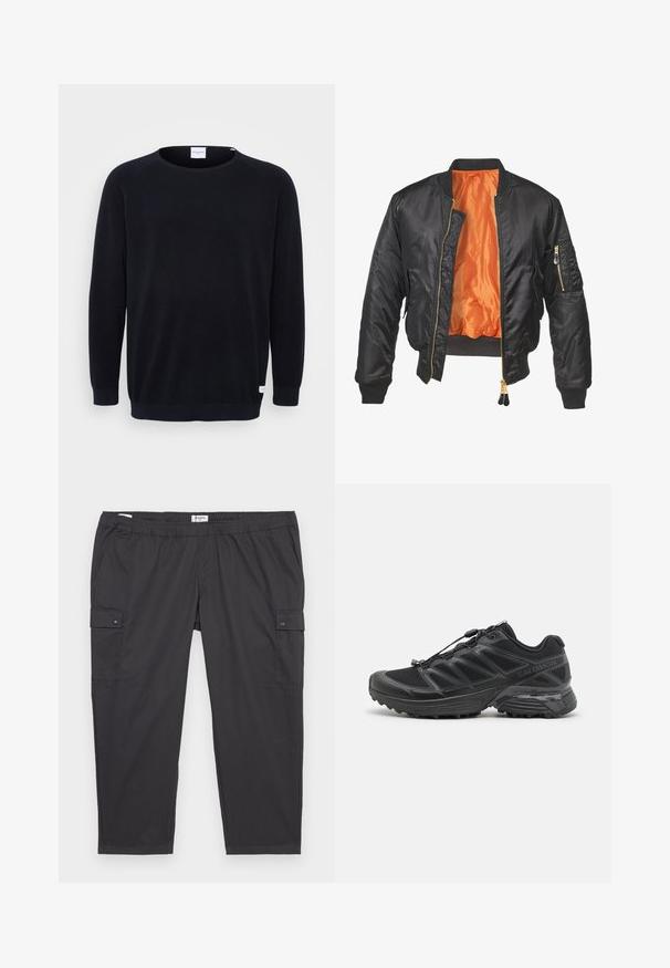 Mustapomberitakki, jossa on kiiltävä pinta, oranssi vuori, ribatut hihansuut ja vetoketjullinen tasku vasemmassa hihassa. Kultaiset vetoketjuakcentit.; Mustat neulotut neuleet, jossa on pyöreä pääntie ja pitkät raglan-hihat. Varustettu ribbadilla hihansuilla ja helmalla, karkean näköisellä kankaalla sekä pienellä tarralla helmassa.; Mustat cargo-housut, joissa on joustava vyötärö, sivutaskut ja napinappi-yksityiskohtia. Valmistettu kevyestä, sileästä kankaasta.; Musta juoksukenkä, jossa on verkko- ja synteettinen päällinen, joustava ulkopohja ja joustavat nauhat. Sisältää pehmustetun välipohjan mukavuutta varten.