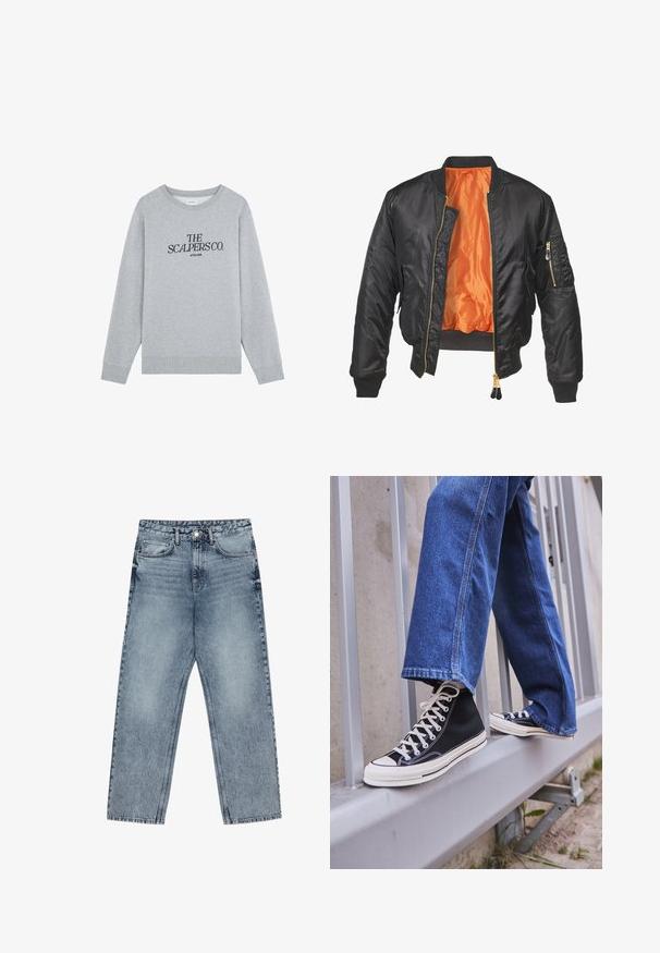 Jachetă bomber neagră cu un exterior lucios, căptușeală portocalie, manșete ribelate și un buzunar cu fermoar pe mâneca stângă. Accente aurii la fermoar.; Hanorac gri din bumbac, cu guler rotund, mâneci lungi și manșete rib. Are inscripția neagră: "THE SCALPERS CO. ATELIER."; Jeans din denim de culoare albastru deschis, cu croială dreaptă, cusături vizibile, design cu cinci buzunare și închidere cu nasture la talie.; Tenisi negri tip gheată cu talpă și șireturi albe, asortați cu blugi albaștri largi, sprijiniți pe un balustradă gri.