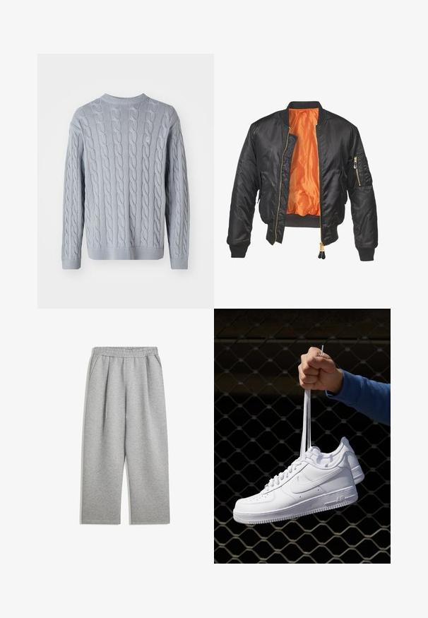 Zwarte bomberjack met een glanzende buitenkant, oranje voering, geribde manchetten en een ritszak op de linker mouw. Gouden ritsaccenten.; Lichtblauwe gebreide trui met een kabelgebreid patroon, lange mouwen en een ronde hals. Ribgebreide manchetten en zoom voegen textuur en structuur toe.; Lichtgrijze sweats met elastische tailleband en zijzakken, rechte pijp, gemaakt van zacht materiaal.; Witte leren sneakers met perforaties, ronde neus, vlakke zool en dikke veters, met een zichtbare swoosh-logo en "AIR" op de hiel.