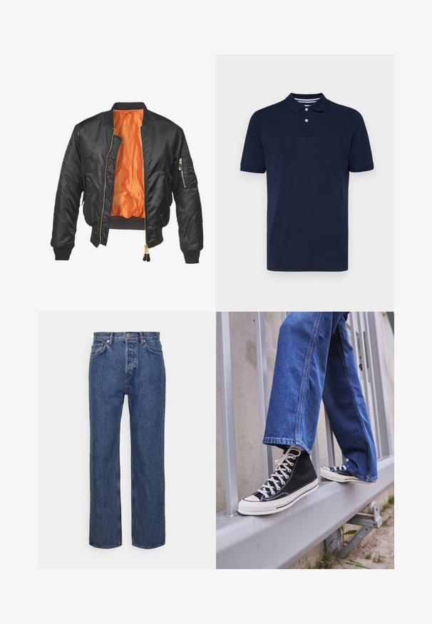Černá bomber bunda se lesklým povrchem, oranžovým podšívkou, žebrovanými manžetami a zipovou kapsou na levém rukávu. Zlaté zipové detaily.; Námorně modré polo triko s krátkým rukávem vyrobené z bavlny, s límečkem a třemi tlačítky a jemnými vodorovnými pruhy na límečku.; Modré džíny z denimového materiálu se střední nohavicí, s kovovým zapínáním na knoflík, pěti kapsami a kontrastním šitm.; Černé vysoké tenisky s bílou podrážkou a tkaničkami, v kombinaci s volnými modrými džíny, odpočívající na šedém zábradlí.