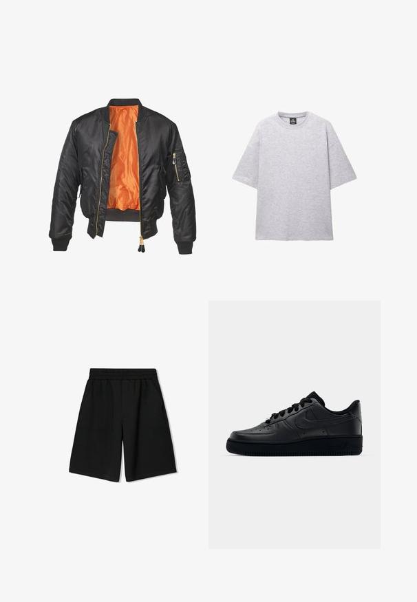 Mustapomberitakki, jossa on kiiltävä pinta, oranssi vuori, ribatut hihansuut ja vetoketjullinen tasku vasemmassa hihassa. Kultaiset vetoketjuakcentit.; Harmaa lyhythihainen T-paita, joka on valmistettu pehmeästä kankaasta; siinä on pyöreä pääntie ja rento istuvuus roikkuvilla harteilla. Ei jälkiä tai koristeita.; Mustat puuvillashortsit, joissa on joustava vyötärö, sivutaskut ja rento leikkaus. Shortseissa on sileä pinta ja suora helma.; Musta Nike Air Force 1 -lenkkari, jossa on sileä nahkapinta, rei'itetty varvasosa hengittävyyden parantamiseksi, mustat nauhat ja teksturoitu kumipohja.