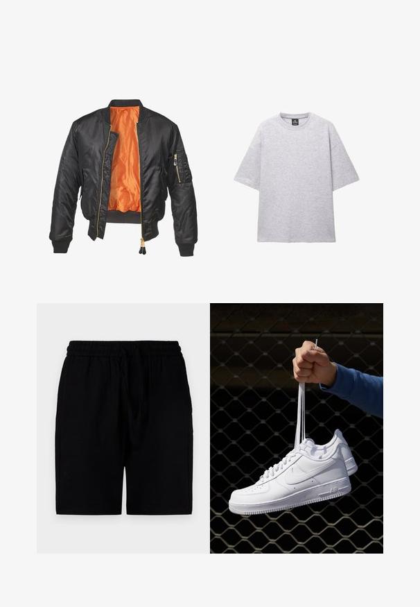Black bomber jacket with a shiny exterior, orange lining, ribbed cuffs, and a zippered pocket on the left sleeve. Gold zipper accents.; Gray short-sleeve T-shirt made of soft fabric; features a round neckline and relaxed fit with dropped shoulders. No patterns or accents present.; Black shorts made of a lightweight material, featuring an elastic waistband with a drawstring, side pockets, and a relaxed cut.; White leather sneakers with perforations, round toe, flat sole, and thick laces, featuring a visible swoosh logo and "AIR" on the heel.