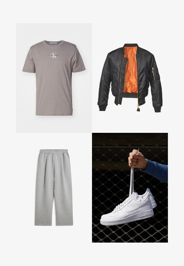 Černá bomber bunda se lesklým povrchem, oranžovým podšívkou, žebrovanými manžetami a zipovou kapsou na levém rukávu. Zlaté zipové detaily.; Šedé bavlněné tričko s krátkým rukávem, s kulatým výstřihem a tištěným bílým logem "CK" ve středu, spolu s textem "Calvin Klein Jeans".; Světle šedé tepláky s elastickým pasem a bočními kapsami, rovný střih nohavic, vyrobené z měkké tkaniny.; Bílé kožené tenisky s perforacemi, kulatou špičkou, plochou podrážkou a silnými tkaničkami, které mají viditelné logo swoosh a nápis "AIR" na patě.