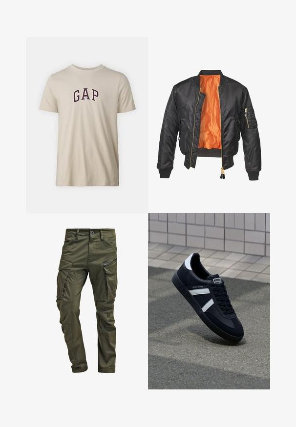 Juodas bombonešis su blizgiu paviršiumi, oranžine pamušalu, įglobtomis rankovėmis ir užtrauktuku užtraukiamu kišeniu kairiajame rankovėje. Aukso spalvos užtrauktuko akcentai.; GAP NEW ARCH - Marškinėliai su spaudiniu - bedrock; Olive spalvos cargo kelnės, pagamintos iš tvirto medvilnės. Yra keletas kišenių, šonu užtraukiama kišenė ir siaurėjančios kojos su šiek tiek tekstūruotu paviršiumi.; Juodas odinis sportinis batelis su baltais dryžiais, tekstūruota gumine padais ir raišteliais priekyje. Yra prekės ženklą žymintis etiketė ant liežuvio.