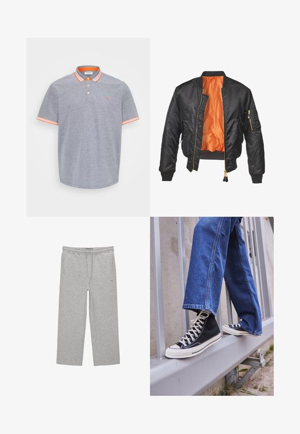 Sort bomberjakke med en blank overflade, orange foring, ribbede manchetter og en lynlåslomme på venstre ærme. Gyldne lynlåsdetaljer.; Grå polo skjorte lavet af bomuld med en struktureret overflade, med orange detaljer på kraven og ærmerne. Tre knaplukning.; Grå bomulds-loungebukser med elastisk talje, snor og to sidelommer; lige ben-design, blød tekstur, uden mønstre.; Sorte høj-top sneakers med hvid sål og snørebånd, parret med løse blå denimjeans, hvilende på et gråt gelænder.