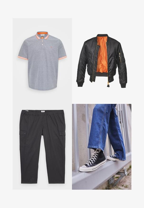 Schwarze Bomberjacke mit glänzender Oberfläche, orangefarbenem Innenfutter, gerippten Bündchen und einer Reißverschlusstasche am linken Ärmel. Goldene Reißverschlussakzente.; Graues Poloshirt aus Baumwolle mit strukturiertem Finish, mit orangefarbenen Akzenten am Kragen und an den Ärmeln. Knopfverschluss mit drei Knöpfen.; Schwarze Cargo-Hosen mit einem elastischen Bund, seitlichen Taschen und Druckknopfdetails. Hergestellt aus leichtem, glattem Stoff.; Schwarze High-Top-Sneaker mit weißer Sohle und Schnürsenkeln, kombiniert mit lockeren blauen Jeans, die auf einem grauen Geländer ruhen.