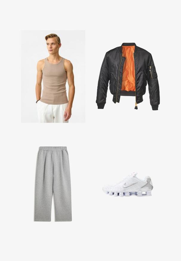 Zwarte bomberjack met een glanzende buitenkant, oranje voering, geribde manchetten en een ritszak op de linker mouw. Gouden ritsaccenten.; Lichtbruin geribbelde tanktop van rekbare stof. Aansluitend ontwerp met brede schouderbanden en een ronde halslijn.; Lichtgrijze sweats met elastische tailleband en zijzakken, rechte pijp, gemaakt van zacht materiaal.; Witte sportschoenen met een gestructureerd bovenwerk, een zilveren swoosh-logo, meshpanelen en een opvallende gesegmenteerde witte zool.