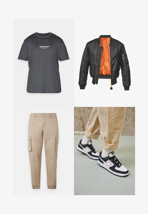 Črn bomberjakna z bleščečo zunanjostjo, oranžno podlogo, rebrastimi manšetami in žepom na zadrgo na levem rokavu. Zlati dodatki na zadrgi.; Jack & Jones JORVESTERBRO TEE CREW NECK - Potiskana majica - forest river; Bežne cargo hlače iz lahkega bombažnega materiala. Imajo elastične manšete, več stranskih žepov in gumbasto zapiranje.; Črno-bele superge Nike Air Force 1 z usnjenim zgornjim delom, perforiranim prstom in teksturiranim podplatom, oblečene z zvitimi bež hlačami in belimi nogavicami.