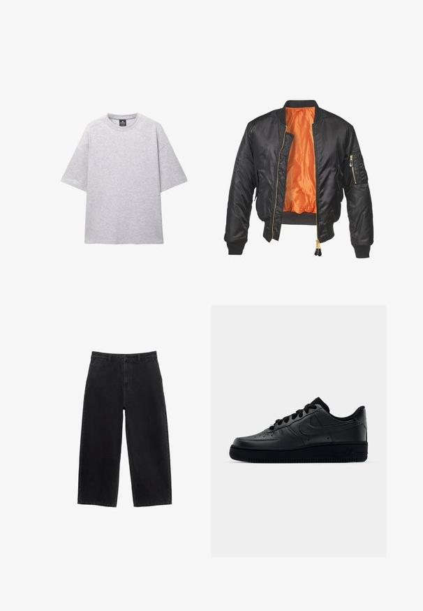 Fekete bomberdzseki fényes külsővel, narancssárga béléssel, bordázott mandzsettákkal és cipzáras zsebbel a bal ujjon. Arany cipzár díszítések.; Szürke, rövid ujjú póló, puha anyagból; kerek dekoltázzsal és laza fitten, leejtett vállakkal rendelkezik. Minták vagy díszítések nincsenek rajta.; Fekete farmer széles lábú nadrág magas derékkal, elülső gombzárral és normál zsebekkel. Simaság és letisztult vonalak jellemzik.; Fekete Nike Air Force 1 sneaker sima bőr felsőrészével, perforált orrával a légáteresztés érdekében, fekete cipőfűzőkkel és textúrált gumitalppal.