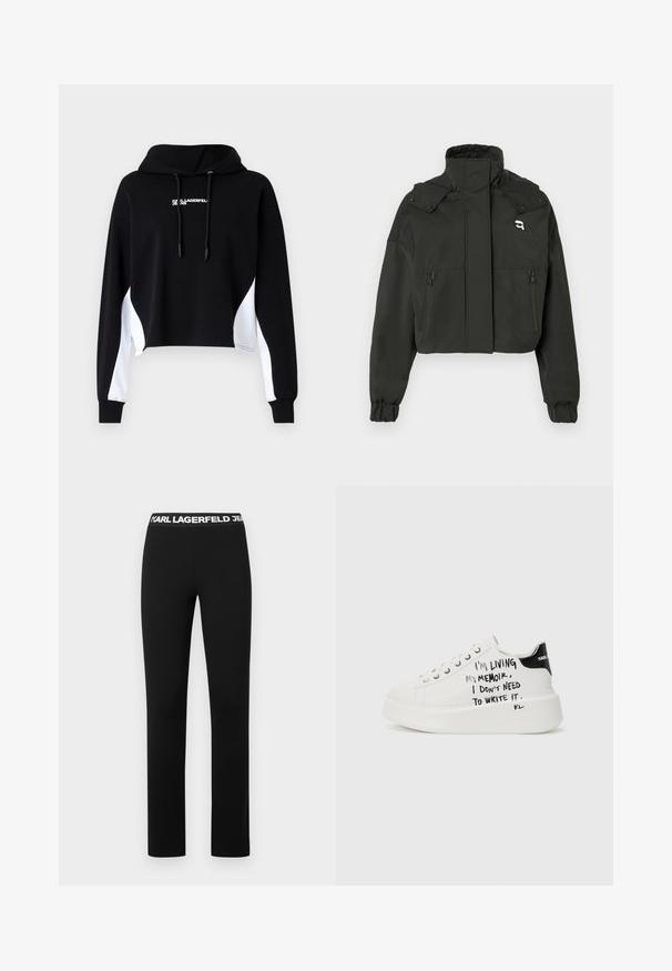 Chaqueta negra corta con un cuello alto, dos bolsillos frontales con cremallera, puños elásticos y un pequeño logo en la parte superior del pecho.; Sudadera negra recortada con paneles laterales blancos, capucha con cordón y letras en la parte frontal. Fabricada en tejido suave; cuenta con mangas largas y puños acanalados.; Leggings negros con una amplia cintura blanca con marca. Hechos de un material liso y elástico con corte recto y sin patrones.; Zapatillas de plataforma blancas con acentos negros, que cuentan con una suela texturizada y texto escrito a mano en los laterales. Material de cuero suave.