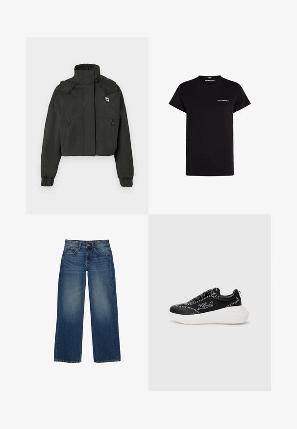 Sort cropped jakke med høj krave, to lynlåslommer foran, elastiske manchetter og en lille logo detalje på den øverste del af brystet.; Sort bomulds t-shirt med korte ærmer og rund hals. Har et kontrastfarvet hvidt logo på brystet. Enkel, klassisk design.; Bredde ben blå denim jeans med en fadet vask, fem-lomme design og kontraststing. Lukket med en knap og lynlås.; Sort sneaker med hvid sål, lavet af læder og stof. Har kontrasterende syninger og et logo på siden. Lidt hævet hæl.