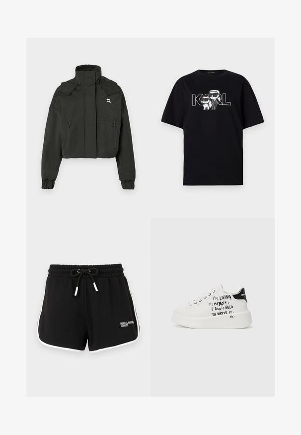 Zwarte cropped jacket met een hoge kraag, twee voorzakken met rits, elastische manchetten en een klein logoaccent op de bovenste borst.; Zwart katoen t-shirt met een grafische print van twee cartoonfiguren met zonnebrillen, vergezeld van de tekst "KARL" in vette letters.; Zwarte sportshorts van zacht materiaal, met een tailleband met trekkoord, witte zijstrepen, en een logo aan de linkerkant.; Witte platform sneakers met zwarte accenten, voorzien van een gestructureerde zool en handgeschreven tekst aan de zijkanten. Gemaakt van soepel leer.