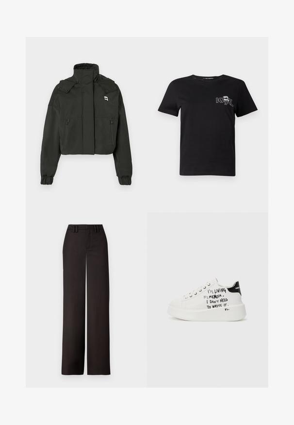 Schwarze Cropped-Jacke mit hohem Kragen, zwei Reißverschlussfronttaschen, elastischen Bündchen und einem kleinen Logo-Detail auf der oberen Brust.; Schwarzes T-Shirt mit kurzen Ärmeln aus Baumwolle. Mit einem weißen Grafikdesign auf der Brust, das den Text "KARL" und eine stilisierte Figur zeigt. Rundhalsausschnitt.; Schwarze weit geschnittene Hose mit flacher Vorderseite, Gürtelschlaufen und glatter Textur, entworfen für eine maßgeschneiderte Passform. Keine sichtbaren Metallteile oder Muster.; Weiße Plattform-Sneaker mit schwarzen Akzenten, ausgestattet mit einer strukturierten Sohle und handgeschriebenem Text an den Seiten. Hergestellt aus glattem Leder.