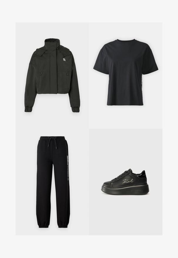 Fekete cropped dzseki magas gallérral, két cipzáras elülső zsebbel, rugalmas mandzsettával és egy kis logóval a felső mellkason.; Fekete, rövid ujjú pamut póló, laza szabású, kontrasztos oldalsó panelekre jellemző kis szöveggel és dizájn részletekkel.; Fekete melegítőnadrág, rugalmas derékkal, állítható zsinórral és szűkített szárakkal. A bal oldalon fehér logó található.; Fekete platform sportcipők, amelyek sima bőr felsőrésszel, lapos fűzőkkel és hímezett "Karl" logóval rendelkeznek az oldalukon. Kerek orrúak és vastag talpúak.
