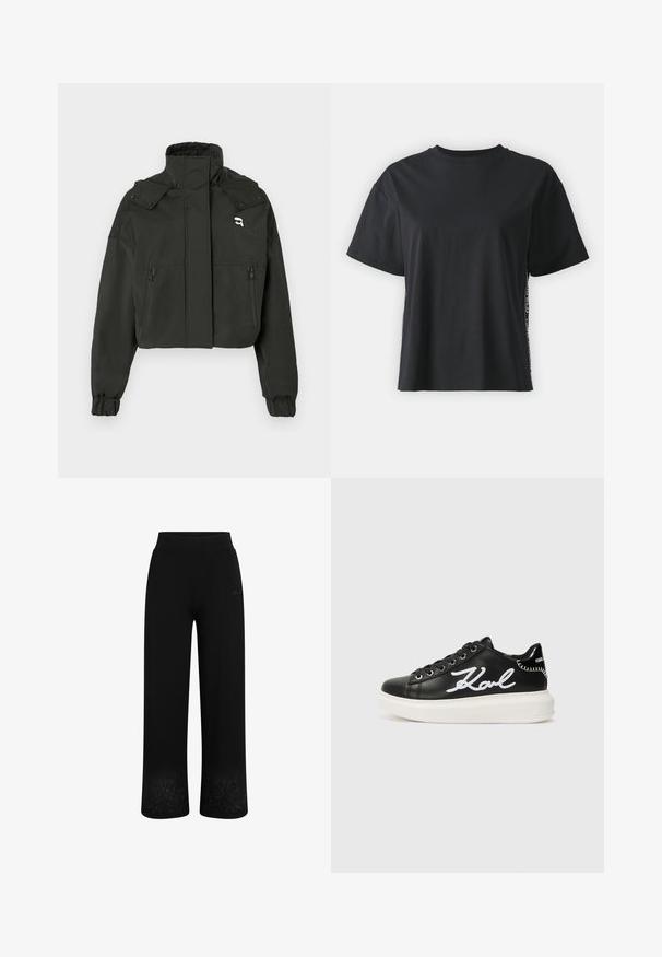 Svart kort jacka med hög krage, två dragkedjefickor framtill, elastiska ärmslut och en liten logotypdekoration på övre bröstet.; Svart kortärmad t-shirt i bomull med avslappnad passform och kontrasterande sidopanel som har små texter och designdetaljer.; Svarta sweatpants med vida ben, elastisk midja och blommig broderi vid fållen. Tillverkade av mjukt, stretchigt tyg.; Svart lädersneaker med vit broderad "Karl"-detalj, rund tå, snörning och en tjock vit sula med texturerade accenter.