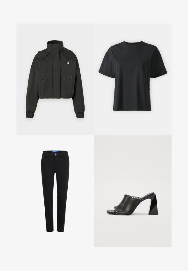 Must mustikas kapsa jope kõrge kraega, kahe lukuga esipocketi, elastsete varrukatega ja väikese logo aktsendiga ülemisel rinnal.; Must have lühikeste varrukatega puuvillane must T-särk, millel on lõdvestunud lõige ja kontrastne külgpanel, mis sisaldab väikest teksti ja kujunduselemente.; Musthave mustriid denim püksid kitsase lõikega, viie tasku disainiga, lukuga ja metallnööpiga kinnitamine. Omab peent õmblustööd ja keskmist talje kõrgust.; Mustad nahast mules laia avausega, kontsaga ja õmmeldud äärega. Sile pind ja minimalistlik disain.