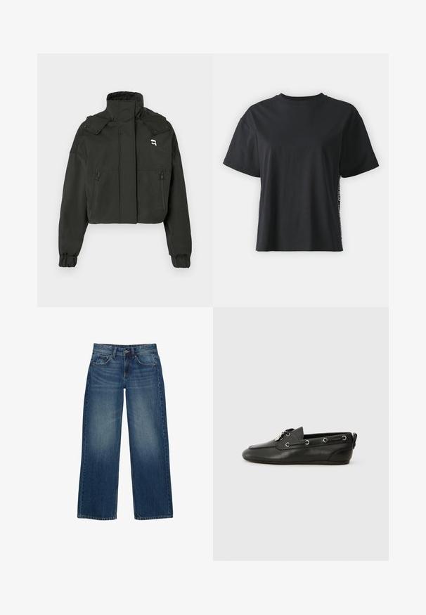 Black cropped jacket with a high collar, two zippered front pockets, elastic cuffs, and a small logo accent on the upper chest.; Black short-sleeve cotton t-shirt with a relaxed fit and contrasting side panel featuring small text and design details.; Wide-leg blue denim jeans featuring a faded wash, five-pocket design, and contrasting stitching. Closed with a button and zipper fly.; Black leather boat shoes with rounded toe, lace-up front, metal eyelets, and a flat sole. Features a small tab at the back.