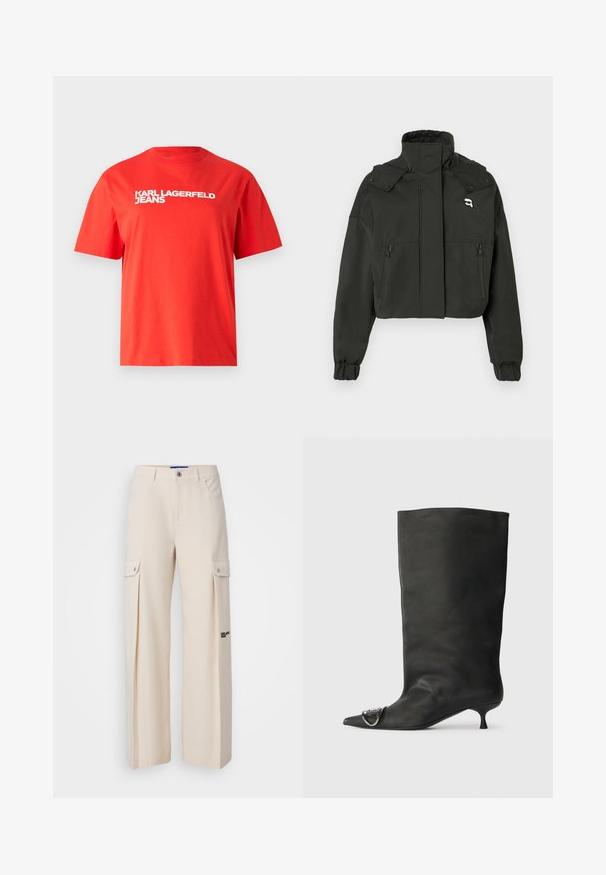 Juodas trumpas švarkas su aukštu apykakle, dviem užtrauktuku uždarytomis priekinių kišenėmis, elastingomis rankovėmis ir mažos logotipo akcentu ant viršutinio krūtinės.; Raudonas medvilninis marškinėliai su trumpomis rankovėmis ir apvalia iškirpte. Priekyje matoma balta užrašas "KARL LAGERFELD JEANS" ryškiu šriftu.; Karl Lagerfeld Jeans PLEATED CARGO - Kareiviško stiliaus kelnės - whitecap gray; Juodas odinis kulkšninis batas su smailiu pirštu, maža pakulne ir metaline akcentu ant piršto. Lygus, matinio paviršiaus tekstūra visame batus.
