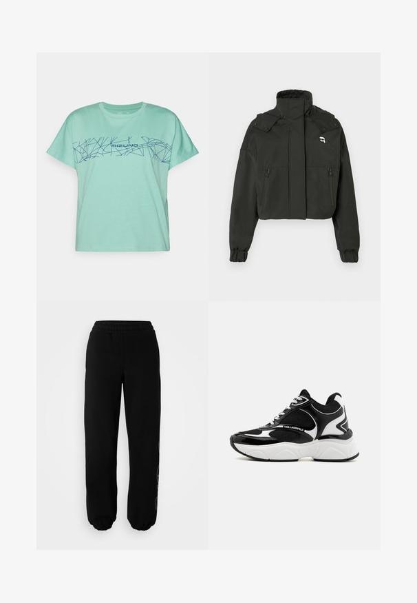 Melnā īsā jaka ar augstu apkakli, divām kabatām priekšā ar rāvējslēdzējiem, elastīgām piedurknēm un mazu logotipa akcentu augšējā krūtīs.; Piparmētru zaļas krāsas T-krekls no kokvilnas, ar jūras zila ģeometriska raksta dizainu un "MIZUNO" tekstu uz krūšu daļas. Īsas piedurknes, apaļa kakla izgriezuma forma.; Melni sporta bikses ar elastīgu jostasvietu un aprocēm. Izgatavotas no mīkstas auduma, uz kuras ir smalks dizaina elements kreisajā kājā.; Melnas un baltas kedas ar jauktu sietu un spīdīgu materiālu, masīvu zoli, akcentētu šuvju un logo detaļu sānos.