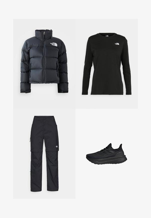 Casaco puffer preto feito de material brilhante e resistente à água. Apresenta um colarinho alto, fecho éclair frontal e logótipo no lado esquerdo do peito. Design curto.; T-shirt preto de mangas longas, feito de algodão, com decote redondo. Apresenta um pequeno logótipo branco na área esquerda do peito. Design simples e ajuste confortável.; Calças cargo pretas em nylon com fechos de correr removíveis, punhos ajustáveis, múltiplos bolsos e um logótipo na perna direita. Textura suave e leve.; Sapatilhas desportivas pretas com um superior de malha texturizada, riscas refletoras de três tons e uma sola grossa e almofadada preta rotulada como "LIGHT BOOST".