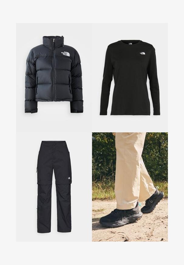 Jachetă puf fiind de culoare neagră, confecționată din material lucios, rezistent la apă. Dispune de un guler înalt, fermoar frontal și logo pe pieptul stâng. Design scurt.; Iarna neagră cu mânecă lungă, din bumbac, cu guler rotund. Prezintă un mic logo alb în zona pieptului stâng. Design simplu și croi lejer.; Pantaloni cargo din nylon negru, cu fermoar detașabil, manșete ajustabile, multiple buzunare și un logo pe piciorul drept. Textură netedă și ușoară.; Tenisi de hiking negri cu un superior texturat, închidere cu șireturi și o talpă groasă cu logo-ul Vibram. Purtați cu pantaloni de culoare deschisă.