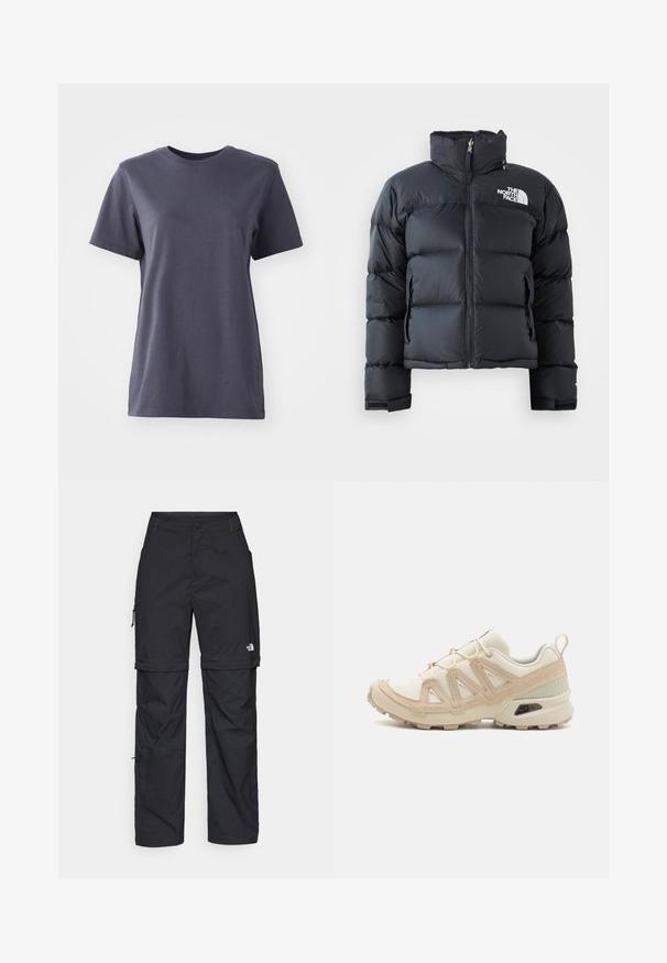 Black puffer jacket made of shiny, water-resistant material. Features a high collar, front zipper, and logo on the left chest. Short design.; Short-sleeve t-shirt in dark gray cotton, crew neck design, smooth texture, straight hem, no visible patterns or hardware details.; Black nylon zip-off cargo trousers with adjustable cuffs, multiple pockets, and a logo on the right leg. Smooth, lightweight texture.; Beige and cream athletic shoe with textured mesh upper, supportive overlays, and rubber outsole featuring a tread pattern for traction.