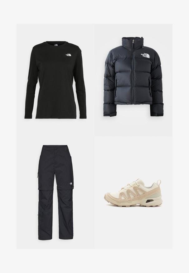 Zwarte pufferjack gemaakt van glanzend, waterafstotend materiaal. Voorzien van een hoge kraag, een rits aan de voorkant en een logo op de linkerborst. Korte stijl.; Zwart langsluiting T-shirt van katoen met een ronde hals. Heeft een klein wit logo op de linkerkant van de borst. Eenvoudig ontwerp en pasvorm.; Zwarte nylon cargo broek met afneembare pijpen, verstelbare manchetten, meerdere zakken en een logo op het rechterbeen. Gladde, lichte textuur.; Beige en crème sportschoen met een textuur-mesh bovenwerk, ondersteunende overlays en een rubberen zool met een profielpatroon voor grip.