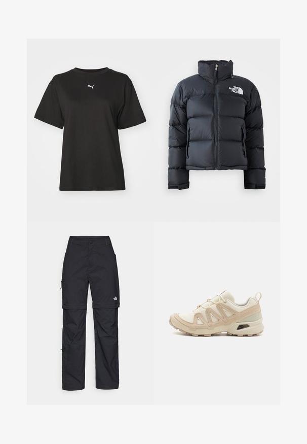 Crna puf jakna napravljena od sjajnog, vodootpornog materijala. Ima visoki ovratnik, prednji zatvarač i logotip na lijevoj strani prsiju. Kratki dizajn.; Crna pamučna majica s okruglim izrezom, kratkim rukavima i bijelim Puma logotipom na prsima. Glatka tekstura, ležeran kroj.; Crne najlon hlače s munjevim zatvaranjem, odvojive cargo hlače s podesivim manžetama, brojnim džepovima i logom na desnoj nozi. Glatka, lagana tekstura.; Bež i kremasti sportski tenisice s teksturiranim mrežastim gornjim dijelom, potpornih preklopa i gumeni potplat s uzorcima za prianjanje.