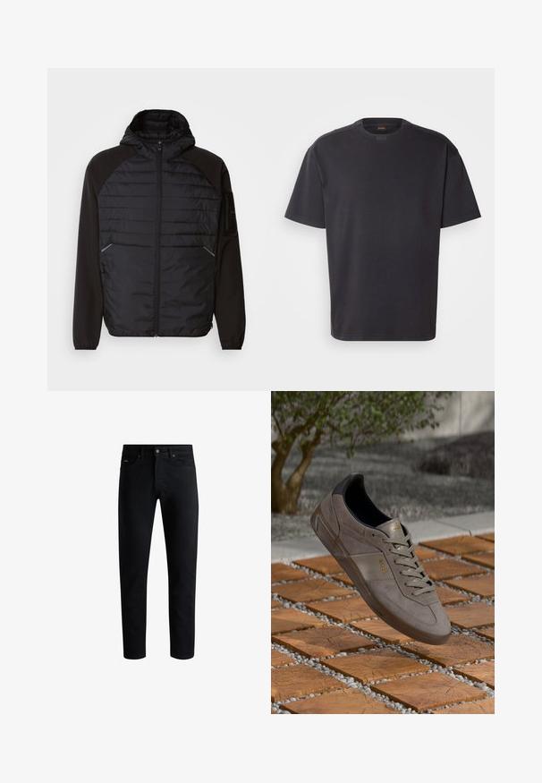 Čierna bunda s kapucňou, ktorá má prešívaný dizajn na prednej strane, hladké rukávy a zipsové vrecká. Štruktúrovaná tkanina s priliehavým strihom.; Čierne tričko s krátkym rukávom vyrobené z bavlny, s okrúhlym výstrihom a jemným brandingom na golieri. Hladká textúra s voľným strihom.; Čierne slim-fit džínsy s piatimi vreckami, so zapínaním na gombík a pútkami na opasok, vystavené na bielom pozadí.; Šedé nubukové tenisky s čiernymi akcentmi, s textúrovaným povrchom, viazaním na šnúrky a zlatým logom na boku.