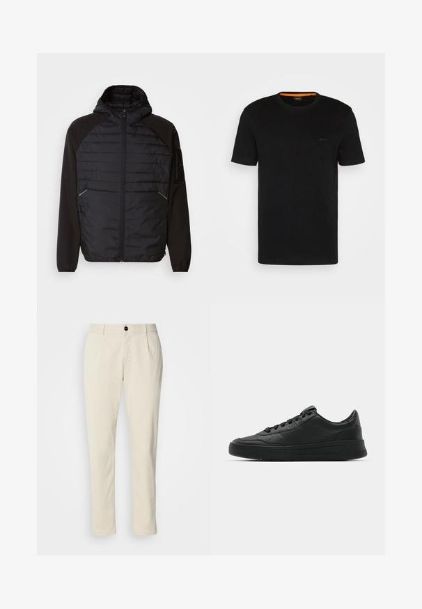 Črna jakna s kapuco, ki ima na sprednji strani prešit vzorec, gladke rokave in žepe z zadrgo. Teksturna tkanina s prilegnjenim krojem.; Črna kratkotrajna majica s kratkimi rokavi iz mehkega blaga, z okroglim izrezom in subtilnim logotipom na sprednji strani. V notranjem ovratniku je oranžni poudarek.; Bež boksarice iz bombaža s ravnim krojem, z enim gumbom za zapiranje in zankami za pas. Gladka tekstura, minimalno vidno šivanje.; Črne superge z gladkim usnjenim zgornjim delom, okroglo konico, ravnimi vezalkami, oblazinjeno ovratnikom in minimalističnim dizajnom. Gumijast podplat z diskretnim profilom.