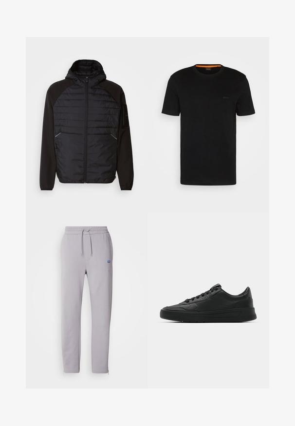 Melna jaka ar kapuci, kurai ir kvadrātveida dizains priekšā, gludas piedurknes un rāvējslēdzēja kabatas. Tekstūrēta auduma, ar iegarenu siluetu.; Melnā T-kreklu ar īsām piedurknēm, kas izgatavots no mīksta auduma, ar apaļu kakla izgriezumu un diskrētu logotipu priekšpusē. Iekšējā apkakle ar oranžu akcentu.; Gaiši pelēki sporta bikses ar auklu viduklī, sānu kabatām un rāvējslēdzējiem pie potītēm. Priekšā ir mazs zils logo.; Melnās kedas ar gludu ādas augšpusi, apaļu purngalu, plakaniem šņorēm, mīkstinātu apkakli un minimālistisku dizainu. Gumijas zole ar smalku rakstu.