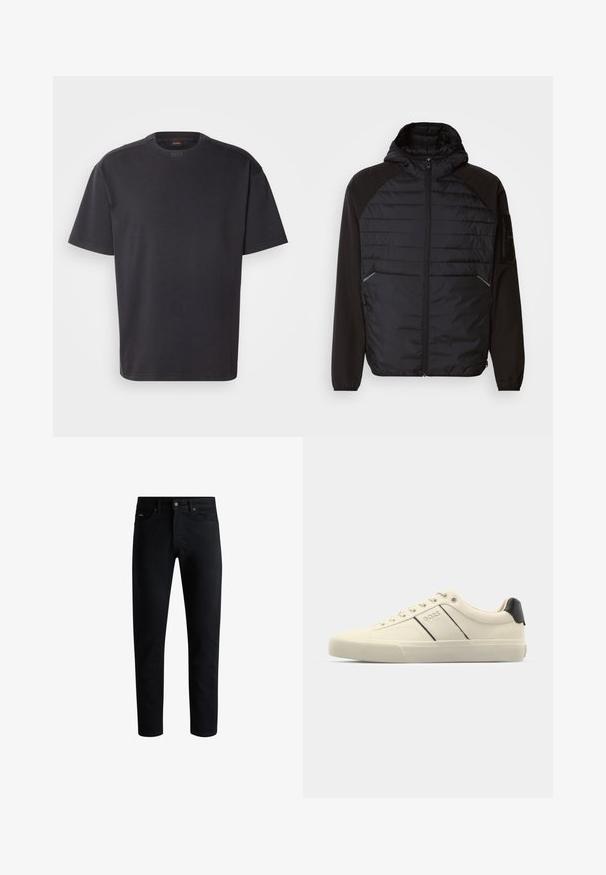 Mustad musta jope, millel on kapuuts, esiosas on tikanditega disain, siledad varrukad ja lukuga taskud. Tekstuuriga kangas, mis on keha külge sobiv.; Mustad lühikeste varrukatega must T-särk, mis on valmistatud puuvillast, ümarate kaelustega ja peene brändinguga krael. Sile tekstuur ja mugav lõige.; Must mustrikot, viie taskuga, nupuga sulgus ja vöökonksudega, esitatud valge tausta ees.; Kreemikaalased sneekerid sileda pinnaga, millel on mustad aktsendid ja bränding. Klassikaline paeltega mudel ümmarguse ninaga ja kummist tallaga.