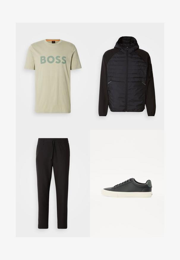 Chaqueta negra con capucha, que presenta un diseño acolchado en el frente, mangas lisas y bolsillos con cremallera. Tejido texturizado con una silueta ajustada.; Camiseta de algodón beige con un prominente logo verde de "BOSS" en el frente, mangas cortas y un clásico escote redondo.; Pantalones de chándal negros de tejido suave. Cuentan con una cintura elástica con cordón, piernas ajustadas y sin bolsillos visibles. Diseño sencillo.; Zapatilla negra de cuero con acabado texturizado, suela de goma blanca, puntera redonda y detalle verde en el talón. Diseño de cordones con seis ojales.