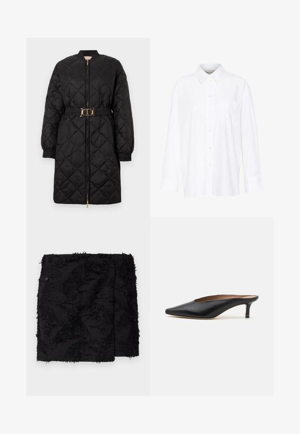 Juodas šiltas ilgas paltas su elastingomis rankovėmis, priekyje su užtrauktuku ir derančiu diržu, kuriame yra auksinė ovali sagtis.; Balta ilgomis rankovėmis marškiniai su apykakle, pagaminti iš medvilnės. Su mygtukų užsegimu priekyje ir viena krūtinės kišenė. Lygus paviršius, laisvas siluetas.; Juoda sijonas su tekstūruotu audiniu, puoštu suplėšytais akcentais. Kvadrato formos, iki kelių, su šoniniu mygtuko detalė.; Juodi odiniai mulesai su smailiu pirštu ir žemu blokuotu kulnu. Lygi tekstūra su elegantišku dizainu. Atviras gale, su minimaliu dekoru.