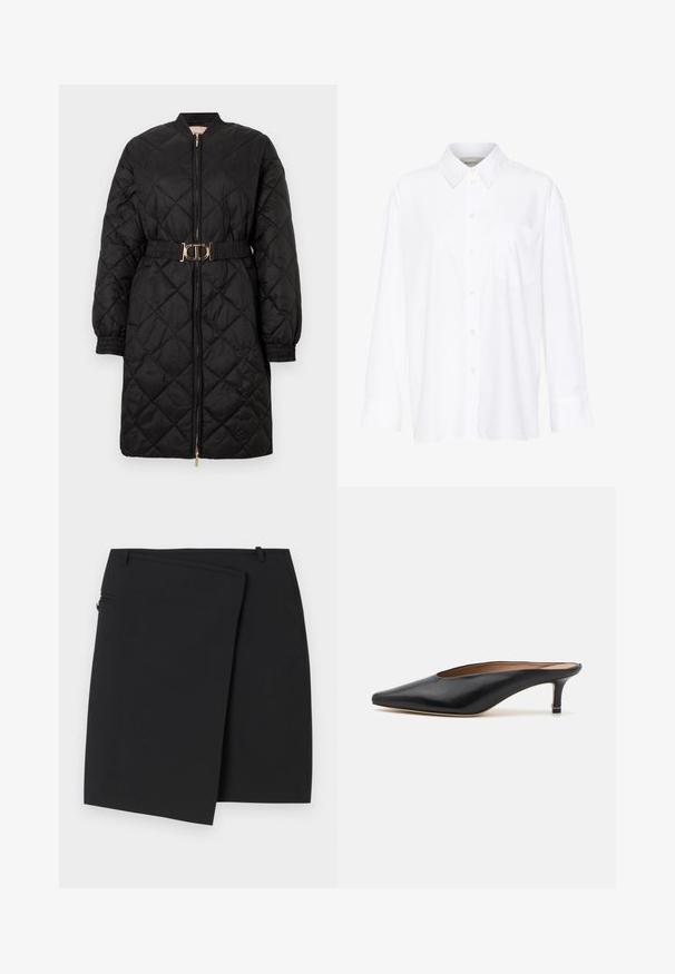 Zwarte gewatteerde lange jas met elastische manchetten, voorkant met rits en bijpassende riem met een gouden ovale gesp.; Witte lange mouwen overhemd met kraag van katoen. Voorzien van een knoopsluiting aan de voorkant en een enkele borstzak. Een gladde textuur en een ontspannen pasvorm.; Zwarte wikkelrok met een soepele textuur, voorzien van een ritssluiting aan de zijkant en twee riemlussen. Eenvoudig ontwerp zonder zichtbare patronen of accenten.; Zwarte leren muiltjes met een puntige neus en een lage, blokhak. Glad oppervlak met een gestroomlijnd ontwerp. Open achterkant met minimale details.