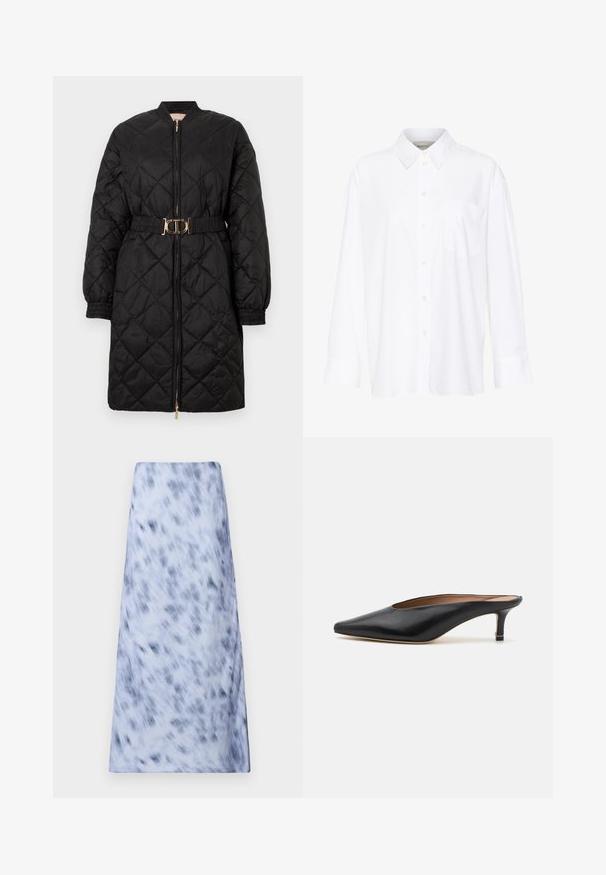 Sort quiltet lang frakke med elastiske manchetter, frontlynlås og matchende bælte med en guldrund spænde.; Hvid langærmet skjorte med krave lavet af bomuld. Har en knaplukning fortil og en enkelt brystlomme. Glat tekstur, afslappet pasform.; En lang, lyseblå nederdel med et sløret, mørkeblåt mønster. Stoffet ser blødt ud med en glat tekstur og et enkelt design.; Sorte lædermules med spidse tæer og lav, firkantet hæl. Glat tekstur med et slankt design. Åben bag med minimal udsmykning.
