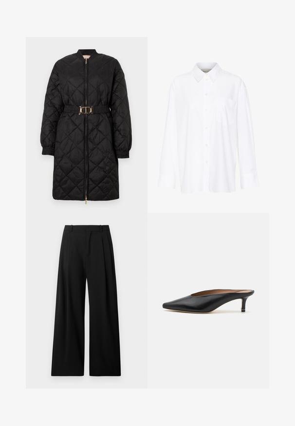 Zwarte gewatteerde lange jas met elastische manchetten, voorkant met rits en bijpassende riem met een gouden ovale gesp.; Witte lange mouwen overhemd met kraag van katoen. Voorzien van een knoopsluiting aan de voorkant en een enkele borstzak. Een gladde textuur en een ontspannen pasvorm.; Zwarte wijde broek van soepele stof. Kenmerkt zich door plooien aan de voorkant en een enkele tailleband met riemlussen. Geen zichtbare zakken.; Zwarte leren muiltjes met een puntige neus en een lage, blokhak. Glad oppervlak met een gestroomlijnd ontwerp. Open achterkant met minimale details.