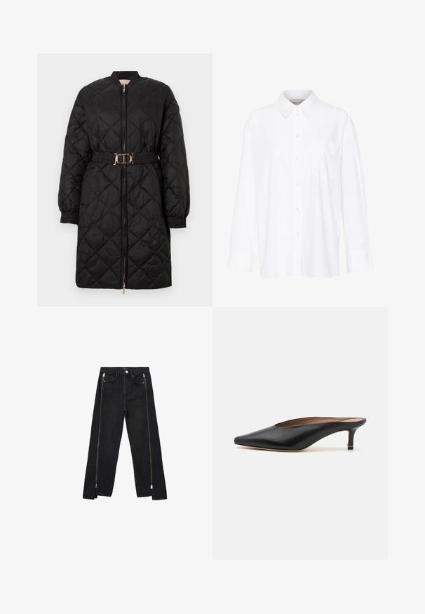 Melnas quiltētas garais mētelis ar elastīgiem piedurkņu galiem, priekšējo rāvējslēdzēju un atbilstošu jostu ar zelta ovālu sprādzi.; Baltais garo piedurkņu krekls ar apkakli, izgatavots no kokvilnas. Aprīkots ar pogu aizdari priekšā un vienu krūšu kabatu. Gluda tekstūra, brīvs piegriezums.; Melnas džinsa bikses ar taisnu kāju dizainu, piedāvā zeltītus rāvējslēdzējus gar sāniem un standarta kabatas jostas daļā.; Melnas ādas mūlas ar norādītu pirkstu un zemu, bloku papēdi. Gluda tekstūra ar elegantu dizainu. Atvērta aizmugure ar minimālu detaļu skaitu.