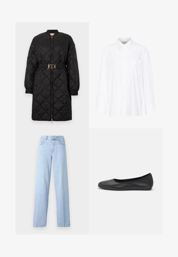 Must мельанж pikk mantel, millel on elastsed varrukad, ees tõmblukk ja sobiv vöö, millel on kuldne ovaalne pandla.; Valge pika käisega krae särg, mis on valmistatud puuvillast. Omab nööbipaneeli esiosa ja ühte rinna taskut. Sujuv tekstuur, vabalt lõigatud.; Heledad sinine, kõrge vöökohaga teksad sirge säärega. Valmistatud denimist, sisaldab viit taskut ja esist nuppude kinnitust. Minimalistlik disain.; Musthave mustika tantsutossud mustast nahast, ümmarguse varbaga, siledast tekstuurist, minimaalse õmblusdetailiga ja paindliku tallakujundusega.