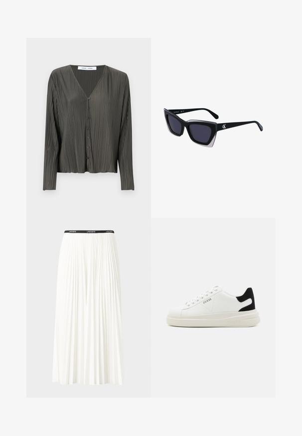 Černý prošívaný dlouhý kabát s elastickými manžetami, předním zipem a odpovídajícím páskem s zlatou oválnou sponou.; Tmavě zelená pánská košile na knoflíky s dlouhým rukávem a výstřihem do V, s plisovanou texturou a černými knoflíky. Tkanina vypadá hladce a lehce.; Záhybová bílá sukně s černým elastickým pasem s logem "LACOSTE". Suška je střední délky a má jemnou texturu.; Bílé kožené tenisky s tlustou bílou podrážkou, černým semišovým akcentem na patě a vyraženým logem na boku. Šněrovací design se šesti očka.; Černé oversized sluneční brýle geometrického tvaru, s tmavými skly a kontrastním šedým detailem na rámu. Logo na rameni.
