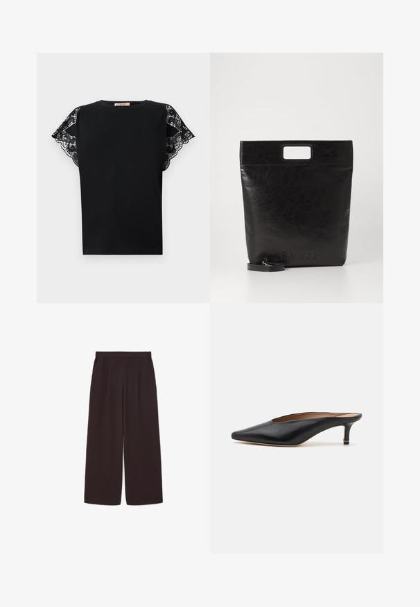 Zwarte gewatteerde lange jas met elastische manchetten, voorkant met rits en bijpassende riem met een gouden ovale gesp.; Zwart T-shirt met korte mouwen van zachte stof en ingewikkelde zwarte kanten accenten op de schouders, met een klassiek ronde halsontwerp.; Witte lange mouwen overhemd met kraag van katoen. Voorzien van een knoopsluiting aan de voorkant en een enkele borstzak. Een gladde textuur en een ontspannen pasvorm.; Donkerbruin brede broek van lichtgewicht stof, met een hoge taille, plooien en twee zijzakken, voorzien van een elastische tailleband.; Zwarte leren muiltjes met een puntige neus en een lage, blokhak. Glad oppervlak met een gestroomlijnd ontwerp. Open achterkant met minimale details.; Zwarte leren draagtas met een vierkant handvat, met een gestructureerde afwerking en een reliëflogo. Inclusief een afneembare schouderband.