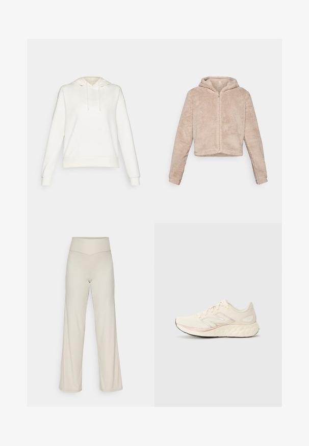 Hooded, cropped jacket in soft beige, featuring a zip closure, plush texture, and long sleeves for warmth and comfort.; White hoodie with a drawstring hood, long sleeves, and ribbed cuffs. Features smooth fabric texture and a relaxed fit.; Beige wide-leg pants with a ribbed texture, high waistband, and a straight cut. Features a subtle split at the hem.; Light beige running shoe with a textured mesh upper, pink accent line, cushioned sole, and reflective silver logo detail on the side.