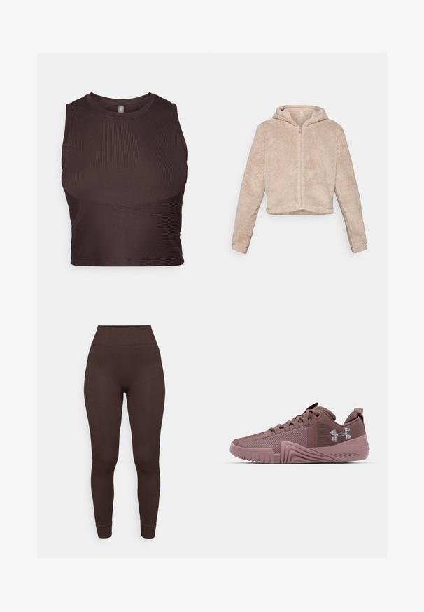 Veste courte à capuche en beige doux, avec fermeture éclair, texture pelucheuse et manches longues pour la chaleur et le confort.; Crop top côtelé marron foncé avec des bretelles larges, un col rond et un design sans couture. Il présente une silhouette ajustée et un tissu extensible pour le confort.; Leggings marron côtelés avec une taille haute et une coupe ajustée. Le tissu semble doux avec une texture lisse au niveau de l'ourlet et des poignets de cheville.; Baskets de sport rose foncé avec tige en maille texturée, semelle en caoutchouc et motif de grip prononcé ; elles présentent un logo sur le côté et un col rembourré.