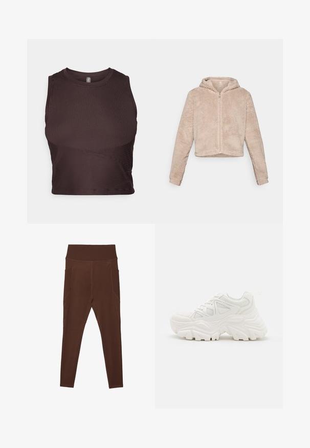 Hooded, cropped jacket in soft beige, featuring a zip closure, plush texture, and long sleeves for warmth and comfort.; Dark brown ribbed crop top with wide straps, round neckline, and seamless design. Features a fitted silhouette and stretchy fabric for comfort.; Brown leggings made of stretchy material with a ribbed high waistband and side pockets. Features flatlock stitching for added durability.; White chunky sneakers featuring a textured upper, mesh panels, and thick rubber soles with prominent tread pattern. Laces and pull tab included.