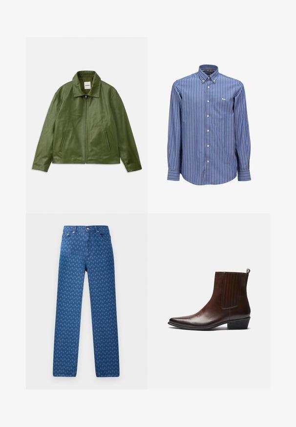 Chaqueta de cuero verde con cierre de cremallera, cuello con solapa, dos bolsillos laterales y una textura suave. Diseño simple y moderno sin patrones.; Camisa de botones a rayas azul y blanca con cuello, mangas largas y un pequeño logo en el pecho. Tejido suave, corte clásico.; Jeans de mezclilla azul con un patrón texturizado repetido, diseño de cinco bolsillos y cierre de botón en la cintura. Corte recto.; Botín de cuero marrón hasta el tobillo con puntera puntiaguda, paneles laterales elásticos, detalles texturizados en la parte frontal y un tacón bajo apilado.