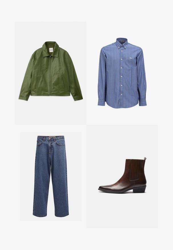 Zelená kožená bunda so zipsovým zapínaním, s golierom, dvoma postrannými vreckami a hladkým povrchom. Jednoduchý, moderný dizajn bez vzorov.; Modrá a biela pruhovaná košeľa na gombíky s golierom, dlhými rukávmi a malým logom na hrudi. Hladká tkanina, klasický strih.; Džínsy s širšími nohavicami v modrej farbe s vyblednutým povrchom, s našitými gombíkmi, piatimi vreckami a kontrastným prešívaním na švoch.; Hnedá kožená kotníková obuv s špicatou špičkou, elastickými bočnými panelmi, textúrovaným detailom na prednej strane a nízkym vrstveným podpätkom.